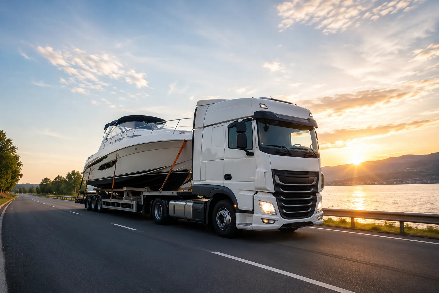 Boot op een vrachtwagen tijdens transport langs het water